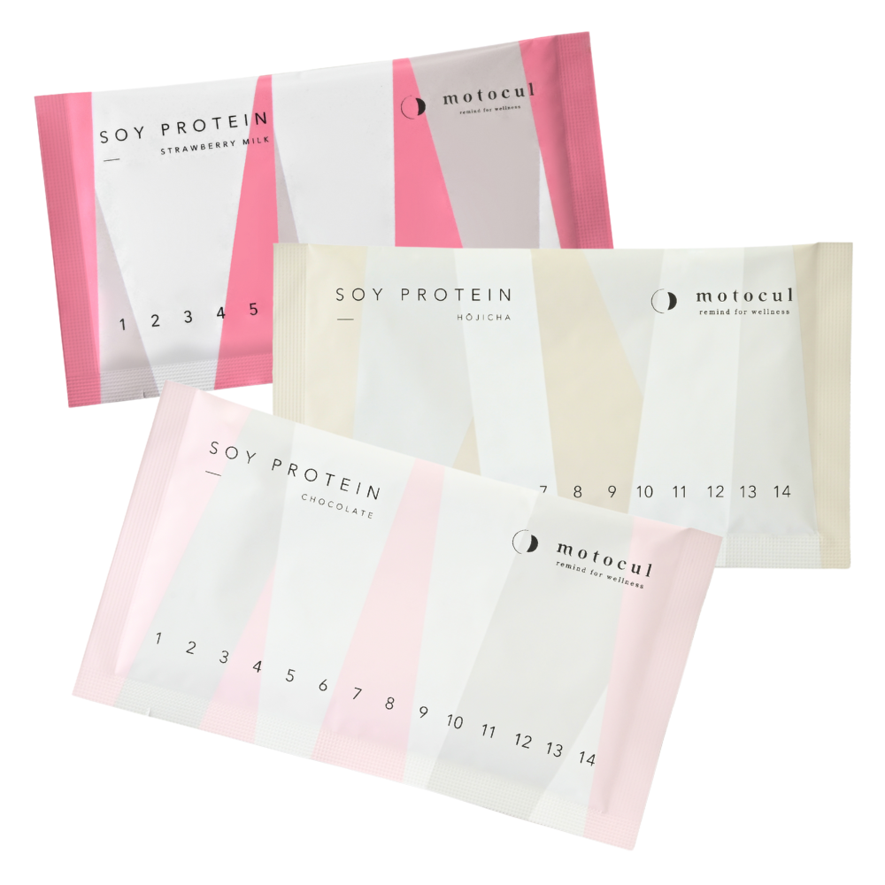 妊活プロテイン モトクルのチョコレート味、ほうじ茶味、イチゴミルク味の夫婦セットです。